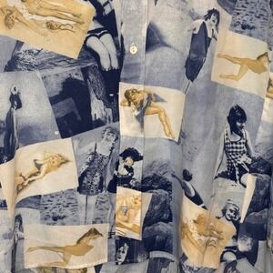 Paul & Joe Button-Up Shirt Vintage Pin-Up Blue & Tan Photo Print Long‎ Sleeve XL